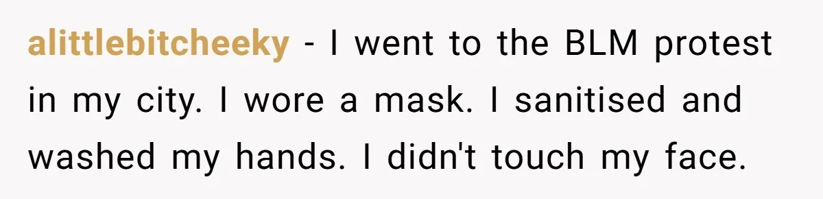 alittlebitcheeky − I went to the BLM protest in my city. I wore a mask. I sanitised and washed my hands. I didn't touch my face.