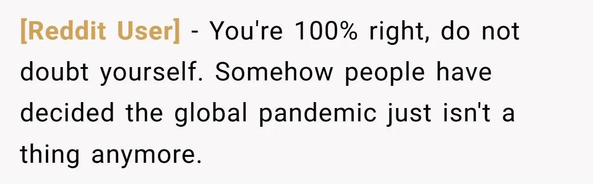 [Reddit User] − You're 100% right, do not doubt yourself. Somehow people have decided the global pandemic just isn't a thing anymore.