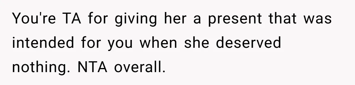 She Couldn’t Afford Her Friend’s Birthday Wishlist, So She Gave What She Had, and It Still Wasn’t Enough You're TA for giving her a present that was intended for you when she deserved nothing. NTA overall.