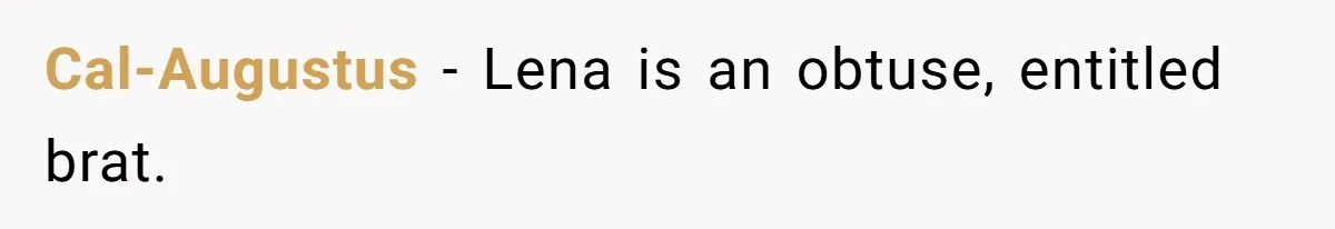 She Couldn’t Afford Her Friend’s Birthday Wishlist, So She Gave What She Had, and It Still Wasn’t Enough Cal-Augustus − Lena is an obtuse, entitled brat.