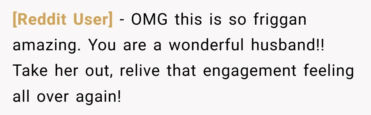 [Reddit User] − OMG this is so friggan amazing. You are a wonderful husband!! ​Take her out, relive that engagement feeling all over again!