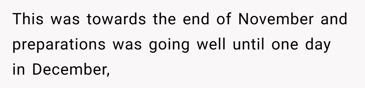 This was towards the end of November and preparations was going well until one day in December,