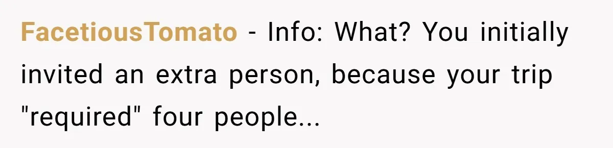 FacetiousTomato − Info: What? You initially invited an extra person, because your trip "required" four people...