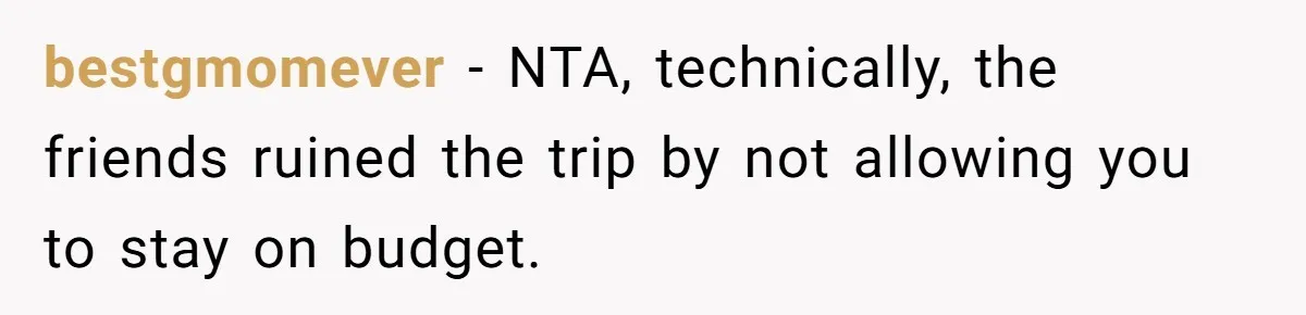 bestgmomever − NTA, technically, the friends ruined the trip by not allowing you to stay on budget.