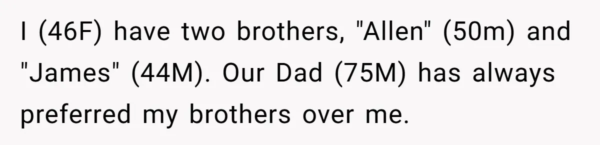 I (46F) have two brothers, "Allen" (50m) and "James" (44M). Our Dad (75M) has always preferred my brothers over me.