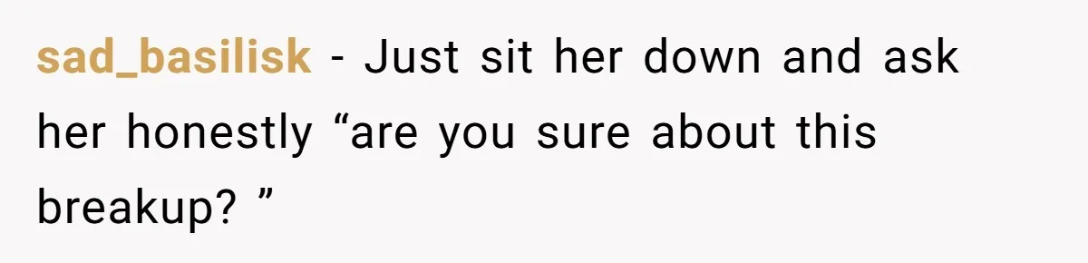 sad_basilisk − Just sit her down and ask her honestly “are you sure about this breakup? ”