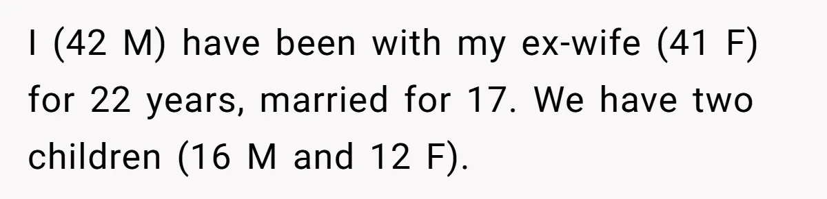I (42 M) have been with my ex-wife (41 F) for 22 years, married for 17. We have two children (16 M and 12 F).