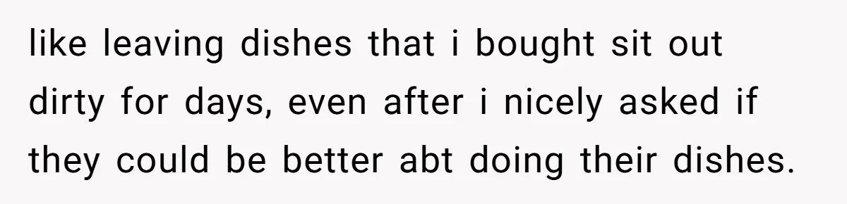 like leaving dishes that i bought sit out dirty for days, even after i nicely asked if they could be better abt doing their dishes.