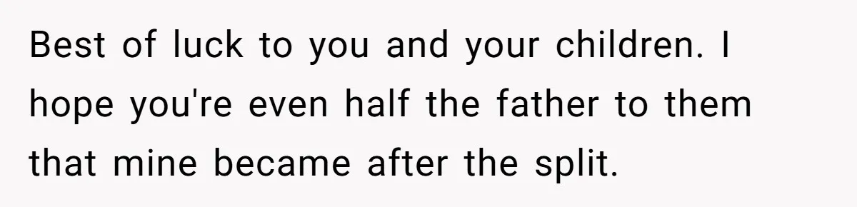 Best of luck to you and your children. I hope you're even half the father to them that mine became after the split.