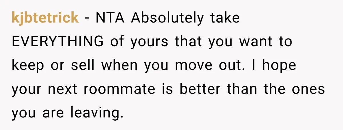 kjbtetrick − NTA Absolutely take EVERYTHING of yours that you want to keep or sell when you move out. I hope your next roommate is better than the ones you...