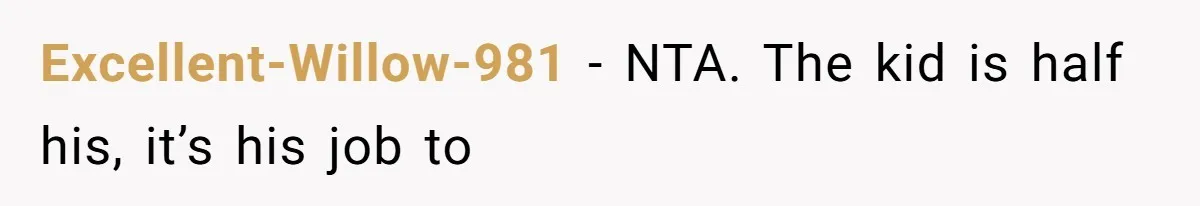 Excellent-Willow-981 − NTA. The kid is half his, it’s his job to