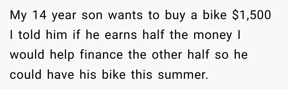 My 14 year son wants to buy a bike $1,500 I told him if he earns half the money I would help finance the other half so he could have...