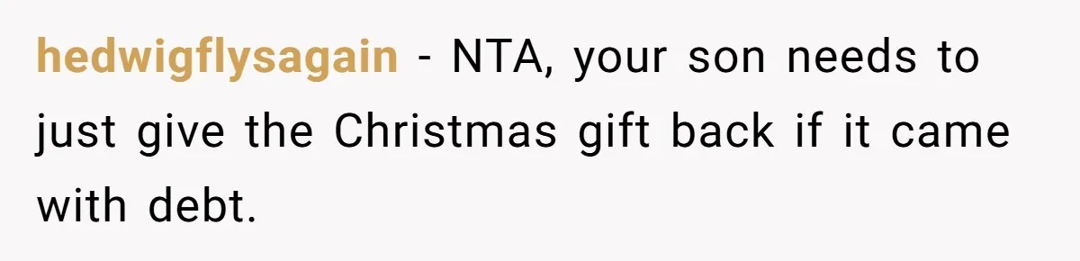 hedwigflysagain − NTA, your son needs to just give the Christmas gift back if it came with debt.
