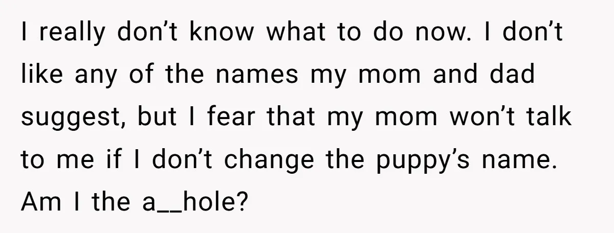I really don’t know what to do now. I don’t like any of the names my mom and dad suggest, but I fear that my mom won’t talk to me...