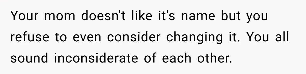 Your mom doesn't like it's name but you refuse to even consider changing it. You all sound inconsiderate of each other.