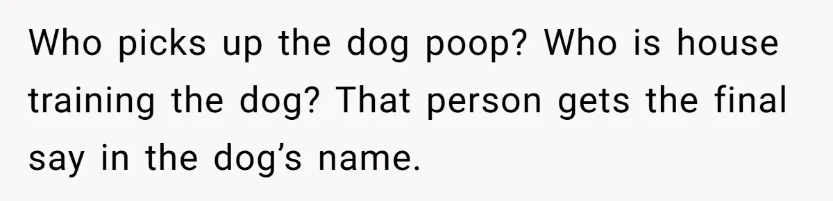 Who picks up the dog poop? Who is house training the dog? That person gets the final say in the dog’s name.