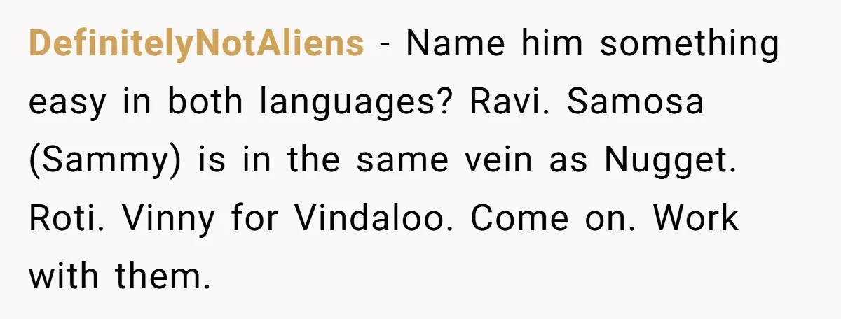 DefinitelyNotAliens − Name him something easy in both languages? Ravi. Samosa (Sammy) is in the same vein as Nugget. Roti. Vinny for Vindaloo. Come on. Work with them.
