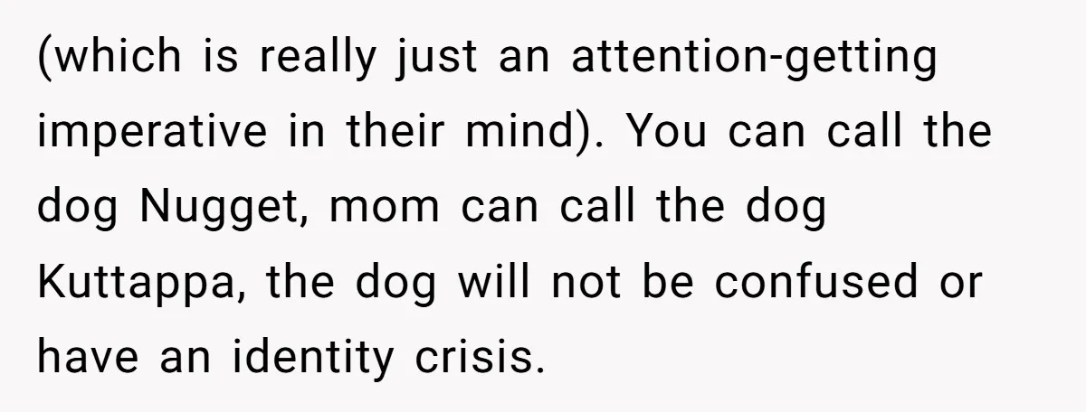 (which is really just an attention-getting imperative in their mind). You can call the dog Nugget, mom can call the dog Kuttappa, the dog will not be confused or have...