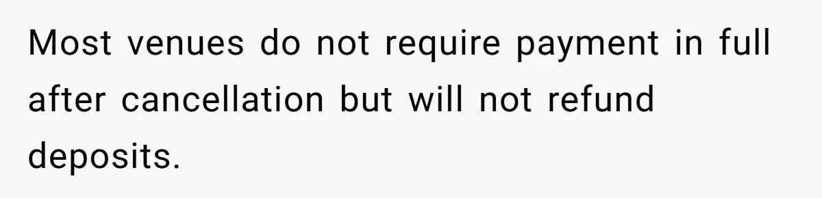 Most venues do not require payment in full after cancellation but will not refund deposits.