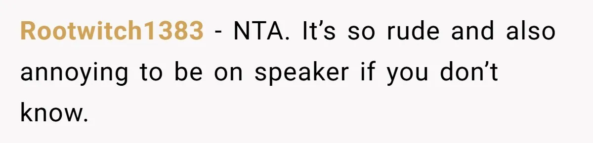 Rootwitch1383 − NTA. It’s so rude and also annoying to be on speaker if you don’t know.