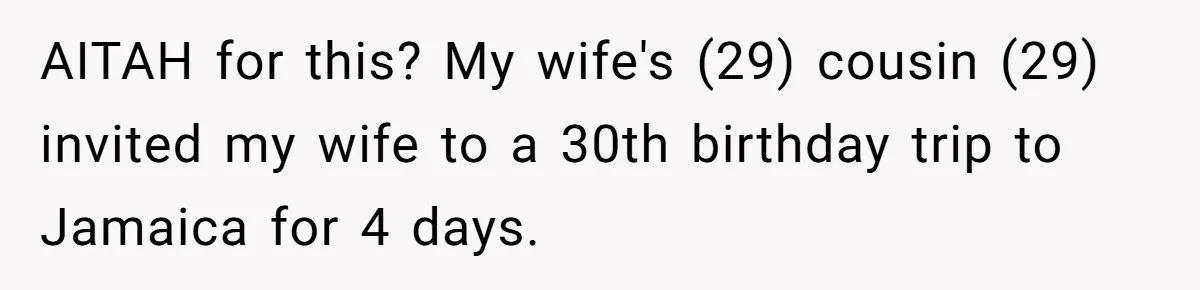 AITAH for this? My wife's (29) cousin (29) invited my wife to a 30th birthday trip to Jamaica for 4 days.