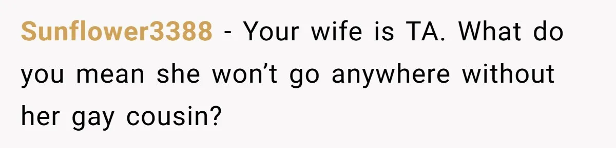 Sunflower3388 − Your wife is TA. What do you mean she won’t go anywhere without her gay cousin?