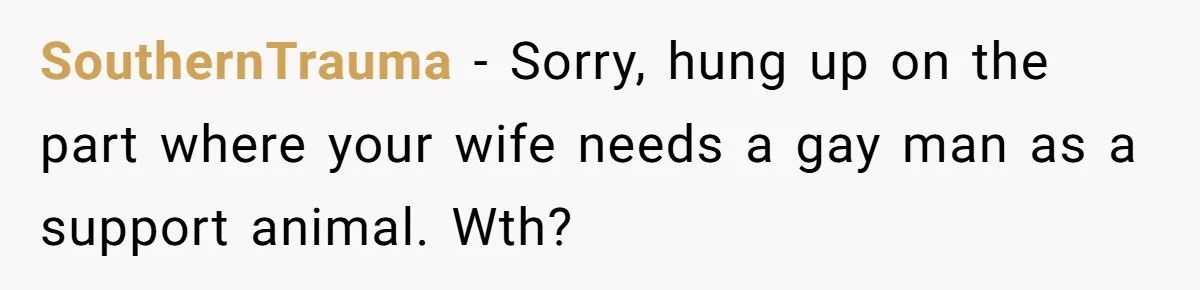 SouthernTrauma − Sorry, hung up on the part where your wife needs a gay man as a support animal. Wth?