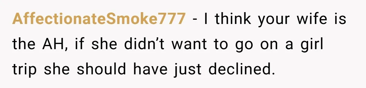 AffectionateSmoke777 − I think your wife is the AH, if she didn’t want to go on a girl trip she should have just declined.