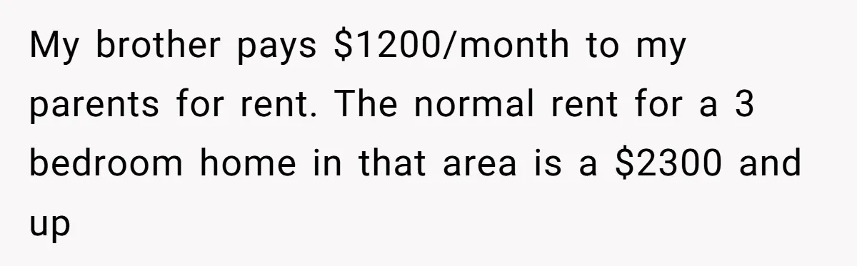 My brother pays $1200/month to my parents for rent. The normal rent for a 3 bedroom home in that area is a $2300 and up