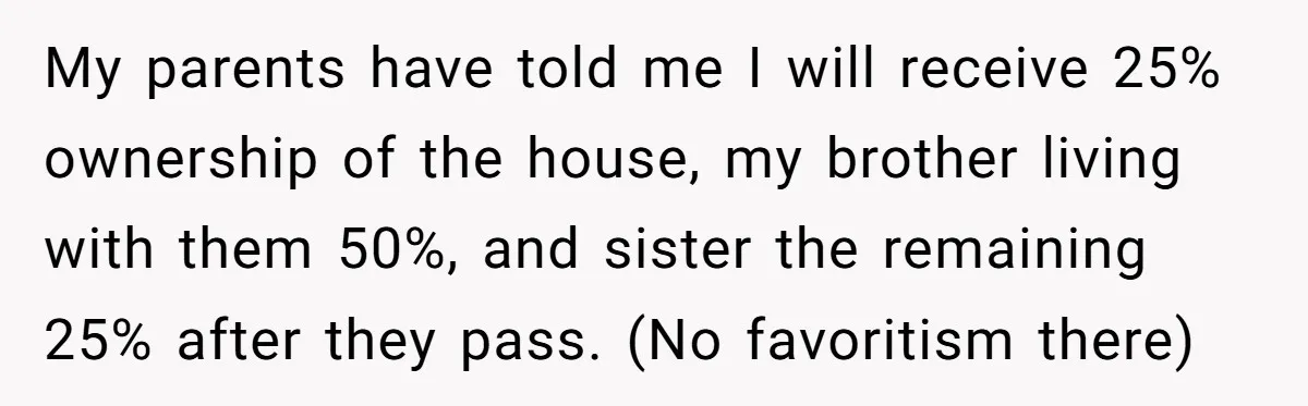 My parents have told me I will receive 25% ownership of the house, my brother living with them 50%, and sister the remaining 25% after they pass. (No favoritism there)