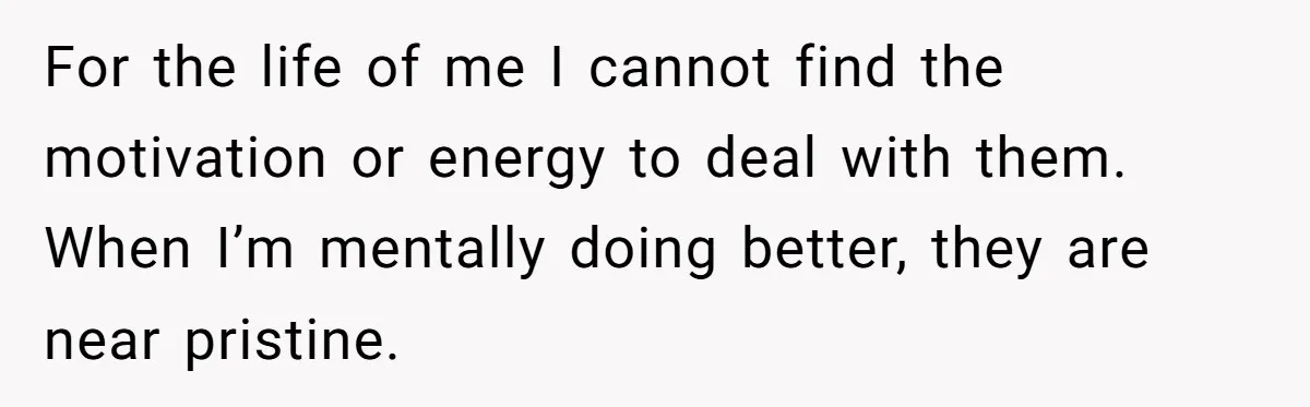For the life of me I cannot find the motivation or energy to deal with them. When I’m mentally doing better, they are near pristine.