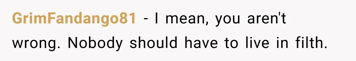 GrimFandango81 − I mean, you aren't wrong. Nobody should have to live in filth.