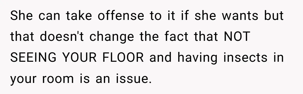 She can take offense to it if she wants but that doesn't change the fact that NOT SEEING YOUR FLOOR and having insects in your room is an issue.