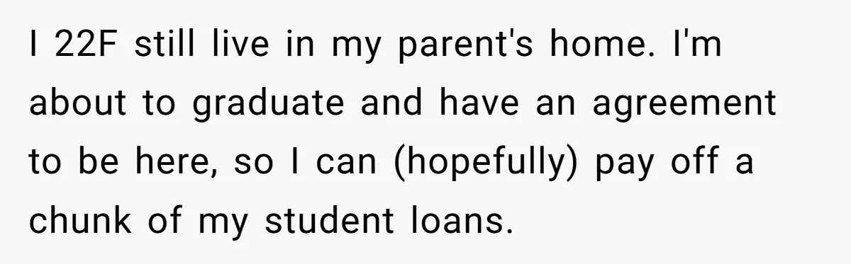 I 22F still live in my parent's home. I'm about to graduate and have an agreement to be here, so I can (hopefully) pay off a chunk of my student...