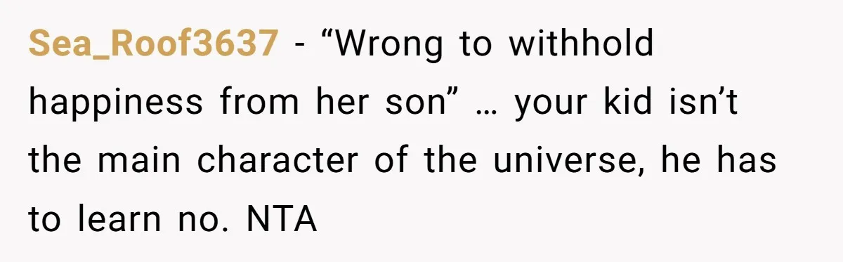 Sea_Roof3637 − “Wrong to withhold happiness from her son” … your kid isn’t the main character of the universe, he has to learn no. NTA
