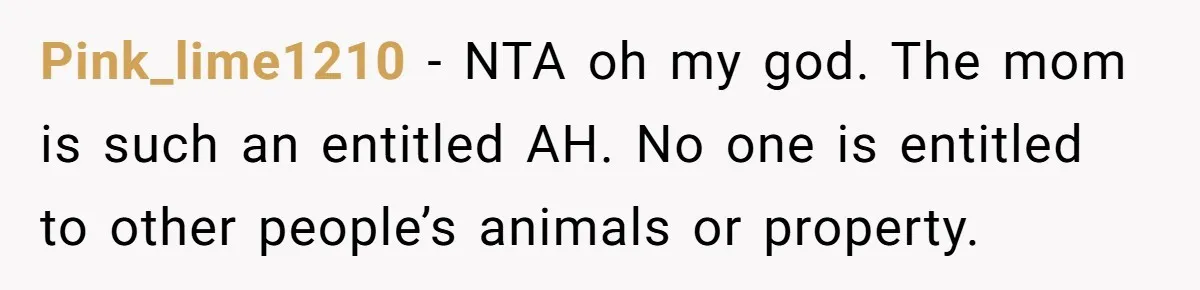 Pink_lime1210 − NTA oh my god. The mom is such an entitled AH. No one is entitled to other people’s animals or property.