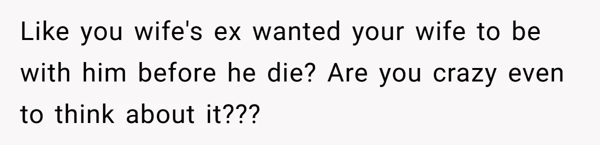 Like you wife's ex wanted your wife to be with him before he die? Are you crazy even to think about it???