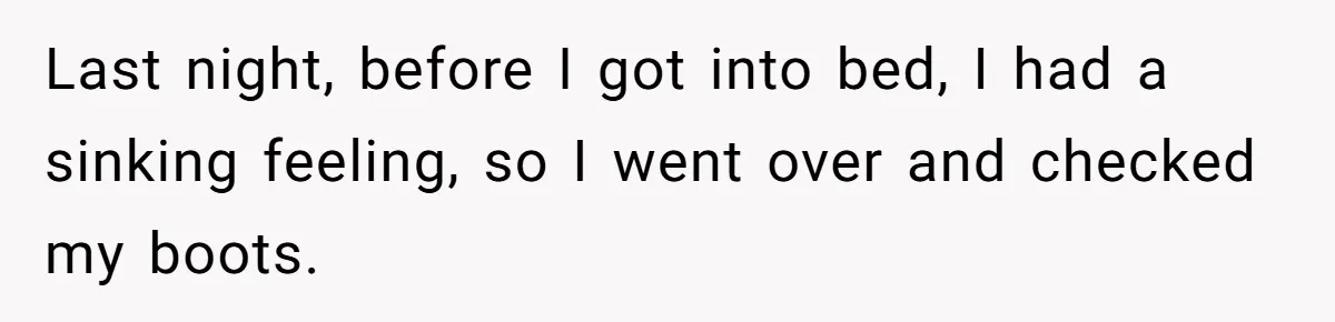 Last night, before I got into bed, I had a sinking feeling, so I went over and checked my boots.