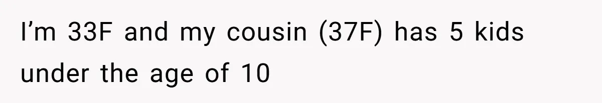 Woman Branded Selfish For Watching Five Children While Her Overwhelmed Cousin Cleaned The House I’m 33F and my cousin (37F) has 5 kids under the age of 10