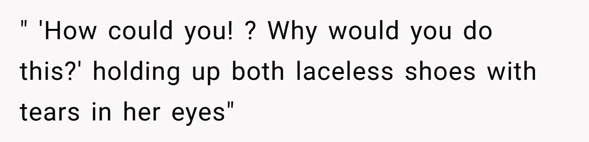 " 'How could you! ? Why would you do this?' holding up both laceless shoes with tears in her eyes"