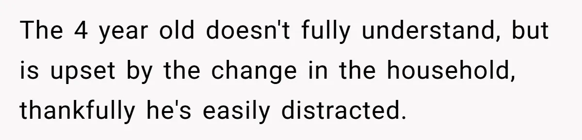 The 4 year old doesn't fully understand, but is upset by the change in the household, thankfully he's easily distracted.