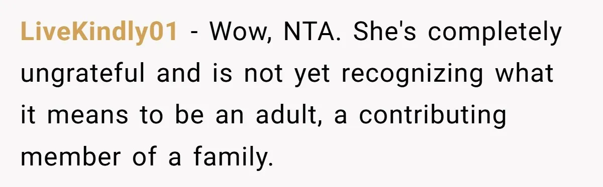 LiveKindly01 − Wow, NTA. She's completely ungrateful and is not yet recognizing what it means to be an adult, a contributing member of a family.
