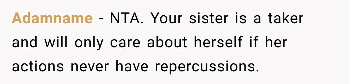 Adamname − NTA. Your sister is a taker and will only care about herself if her actions never have repercussions.
