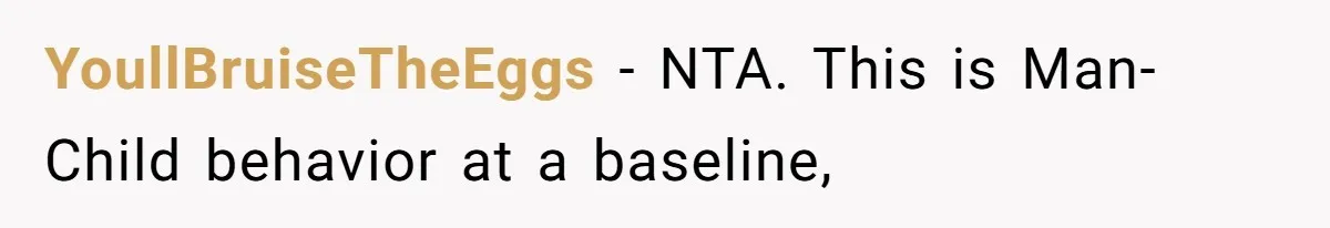 YoullBruiseTheEggs − NTA. This is Man-Child behavior at a baseline,