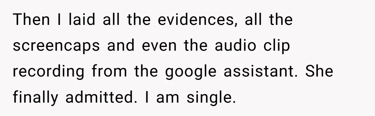 Then I laid all the evidences, all the screencaps and even the audio clip recording from the google assistant. She finally admitted. I am single.