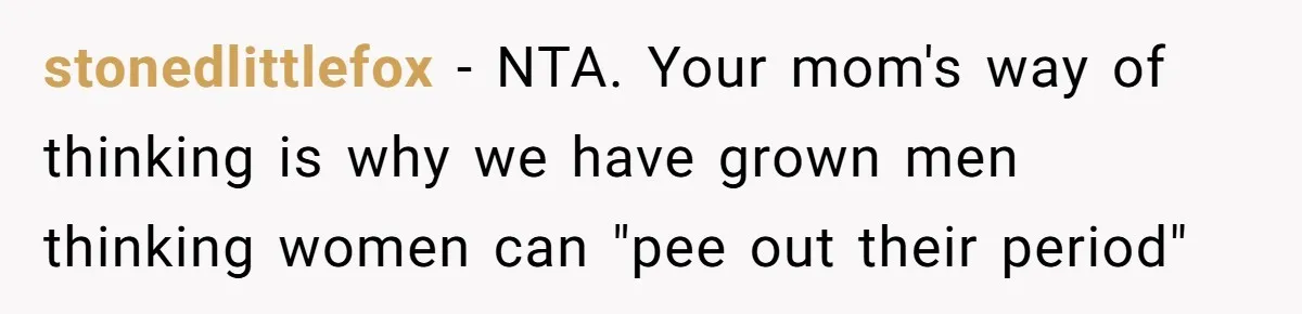 stonedlittlefox − NTA. Your mom's way of thinking is why we have grown men thinking women can "pee out their period"