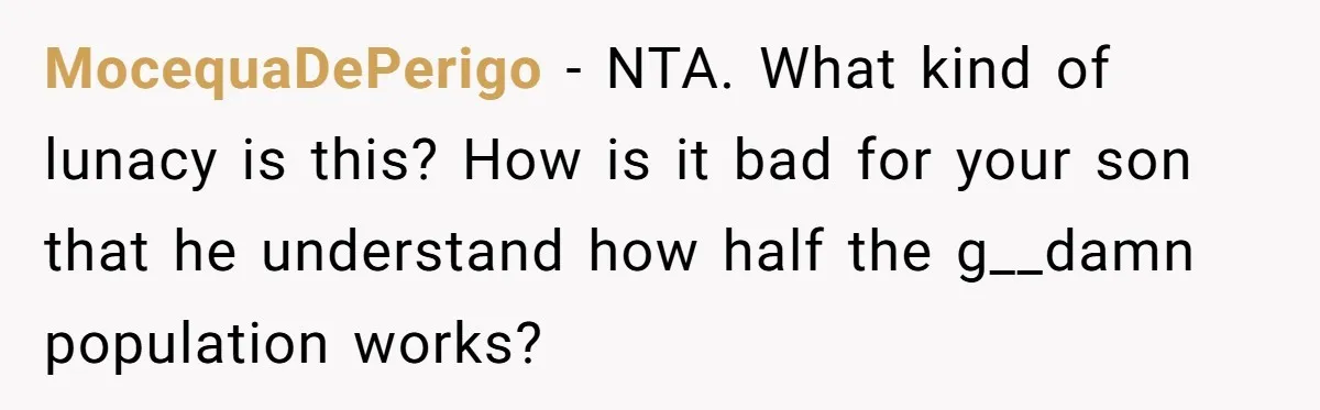 MocequaDePerigo − NTA. What kind of lunacy is this? How is it bad for your son that he understand how half the g__damn population works?