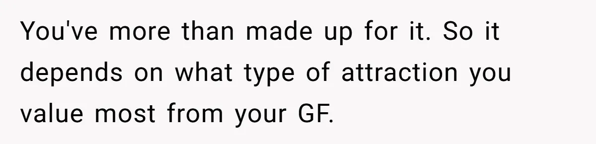 You've more than made up for it. So it depends on what type of attraction you value most from your GF.