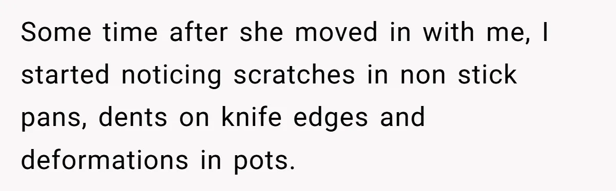Some time after she moved in with me, I started noticing scratches in non stick pans, dents on knife edges and deformations in pots.