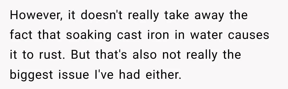 However, it doesn't really take away the fact that soaking cast iron in water causes it to rust. But that's also not really the biggest issue I've had either.